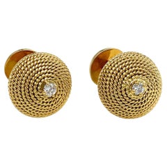 Vintage 18K Yellow Gold and Diamond Cufflinks with Rope Design and Button Style Backs