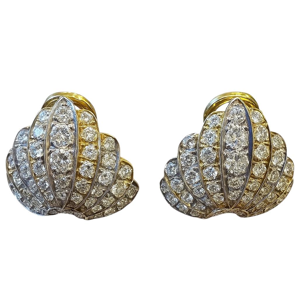 Boucles d'oreilles à pince en or jaune 18K et diamants en forme d'éventail Unisexe en vente
