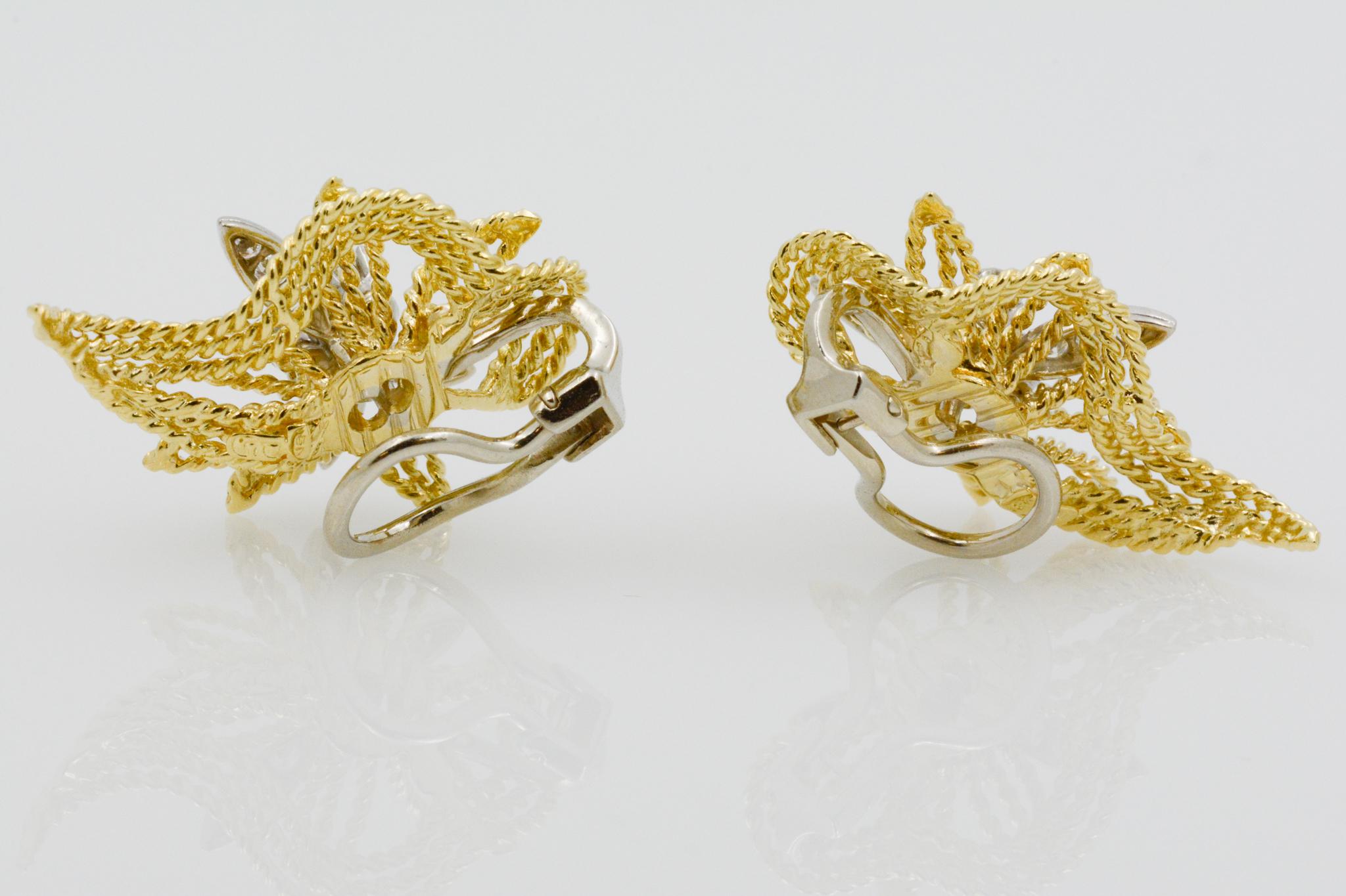 Retro 18 Karat Yellow Gold and Diamond Floral Leaf Earrings