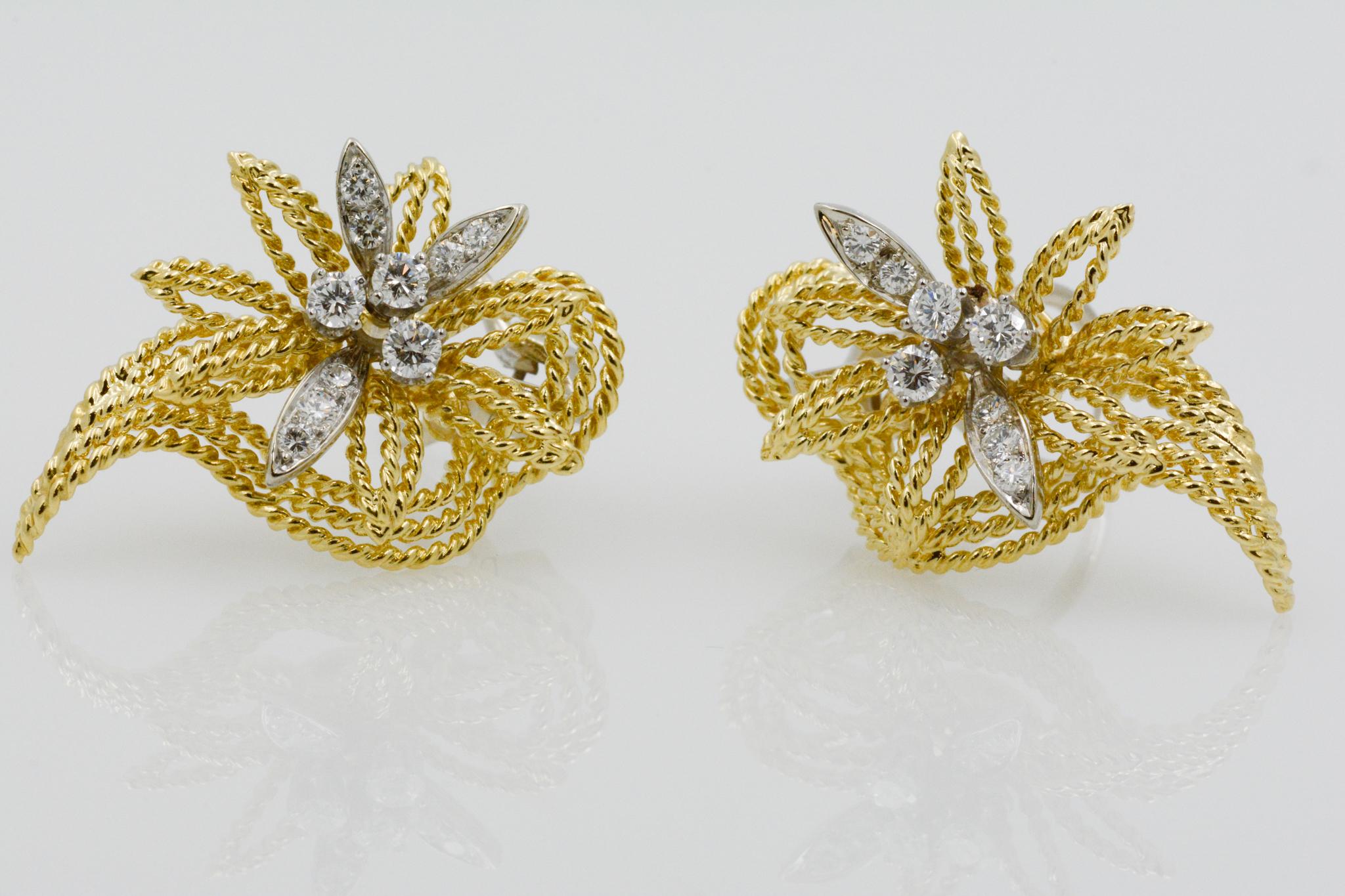 Women's 18 Karat Yellow Gold and Diamond Floral Leaf Earrings