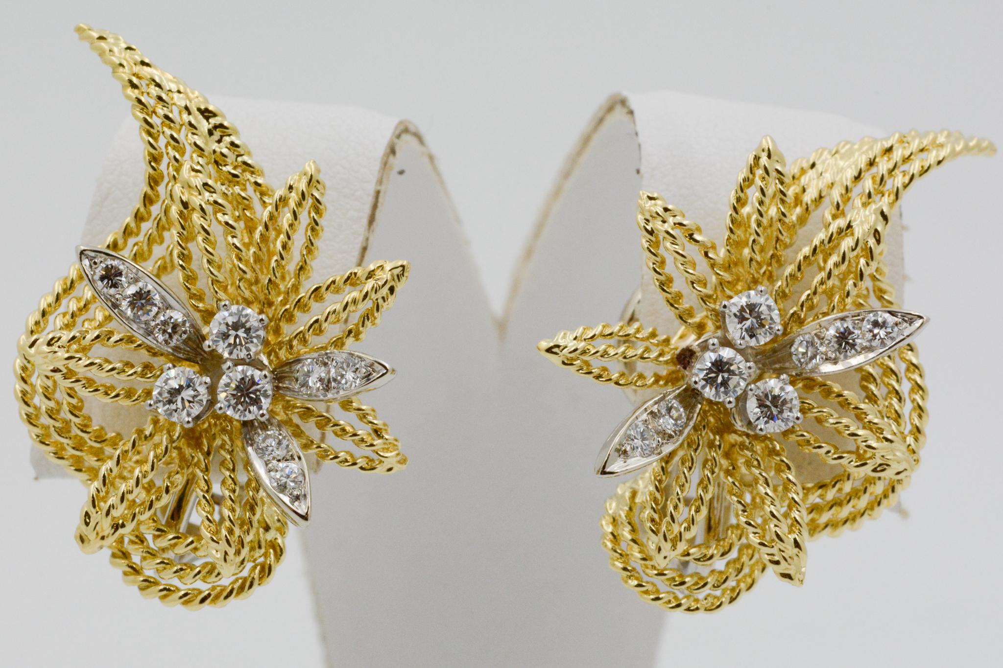 18 Karat Yellow Gold and Diamond Floral Leaf Earrings 1