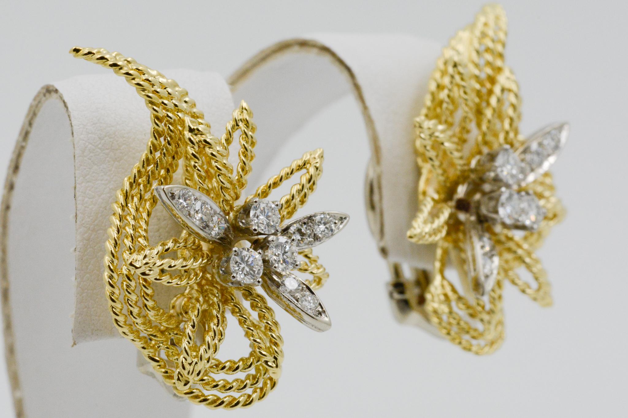 18 Karat Yellow Gold and Diamond Floral Leaf Earrings 2