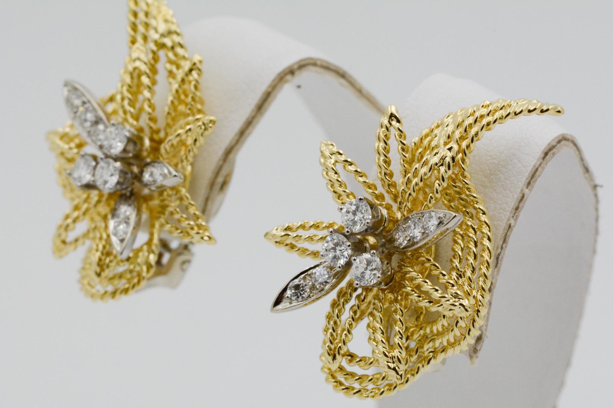 18 Karat Yellow Gold and Diamond Floral Leaf Earrings 3