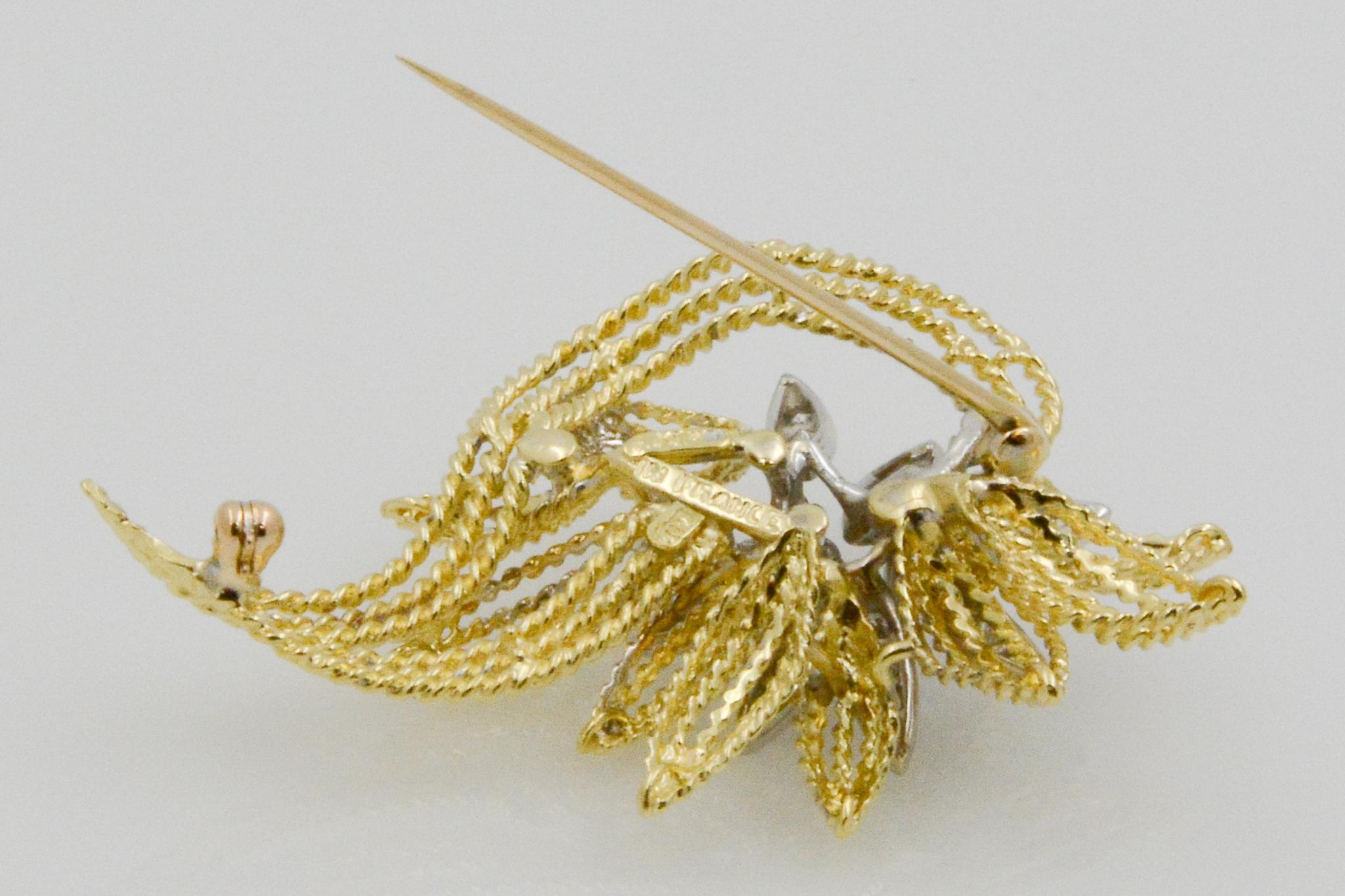 Women's 18 Karat Yellow Gold and Diamond Floral Leaf Pin