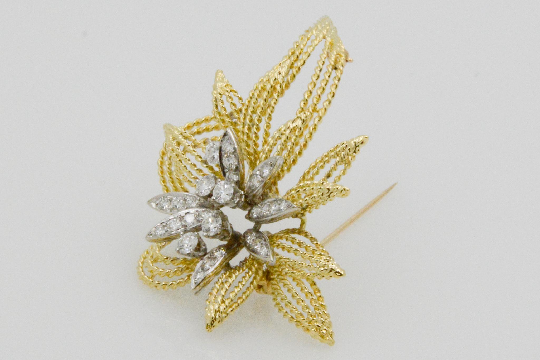 18 Karat Yellow Gold and Diamond Floral Leaf Pin 1
