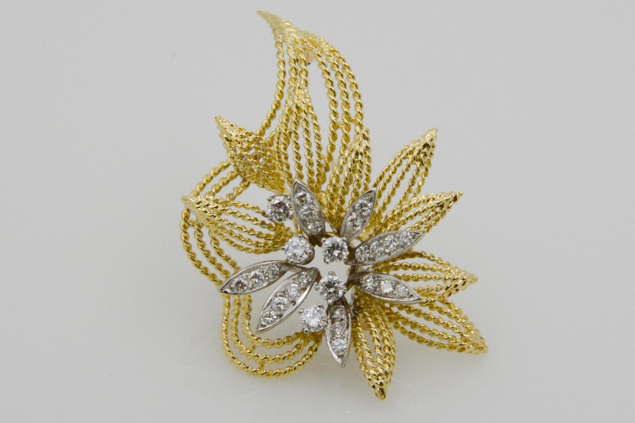 18 Karat Yellow Gold and Diamond Floral Leaf Pin 2