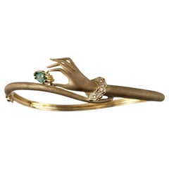 18K Yellow Gold and Diamond Hand Holding Emerald Bangle Bracelet #20012