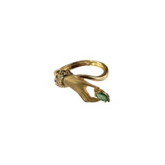 18K Yellow Gold and Diamond Hand Holding Emerald Ring Size 6.75 #20011