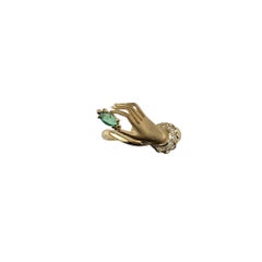 18K Yellow Gold and Diamond Hand Holding Emerald Ring Size 6.75 #20011