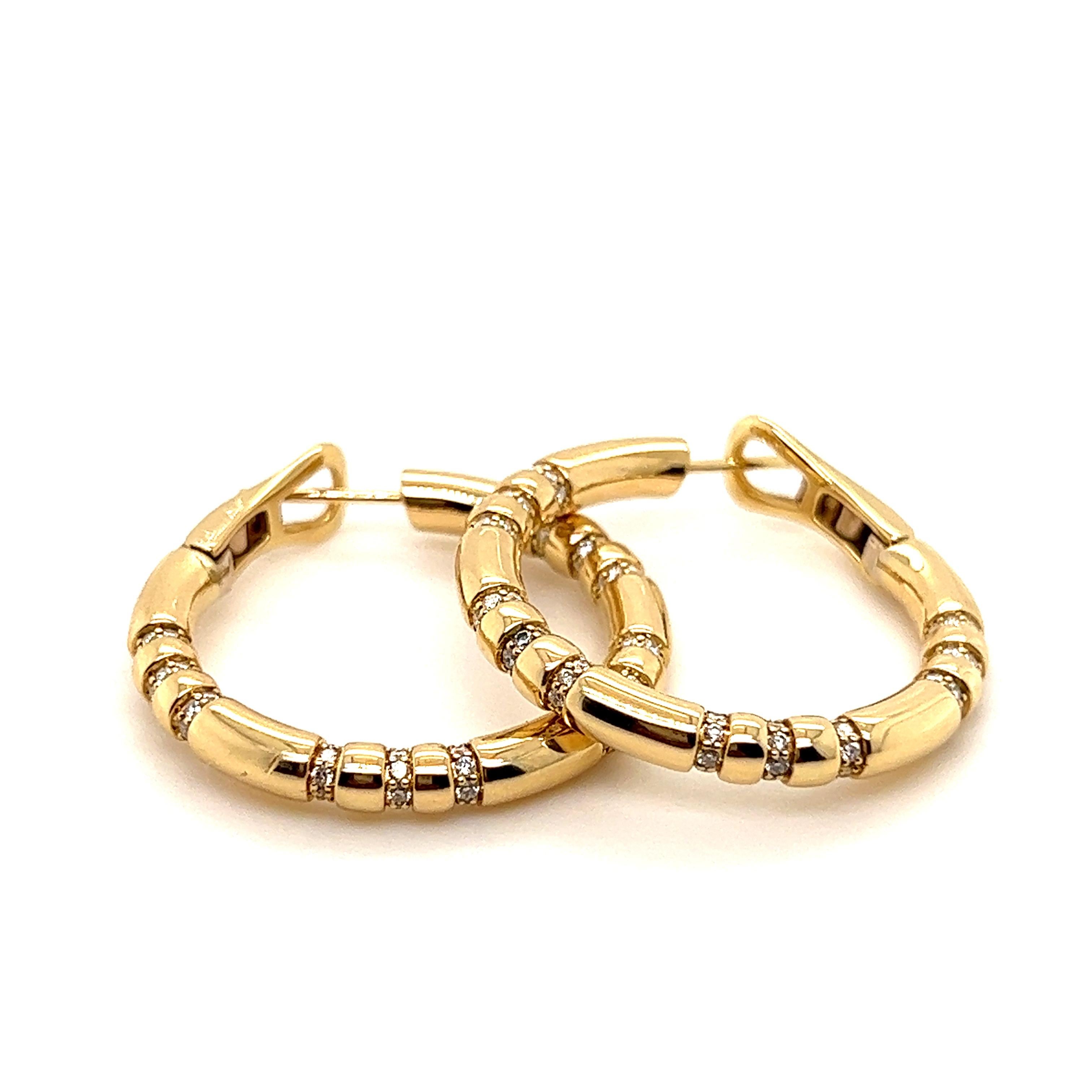 Round Cut 18k Yellow Gold and Diamond Hoop Earrings For Sale
