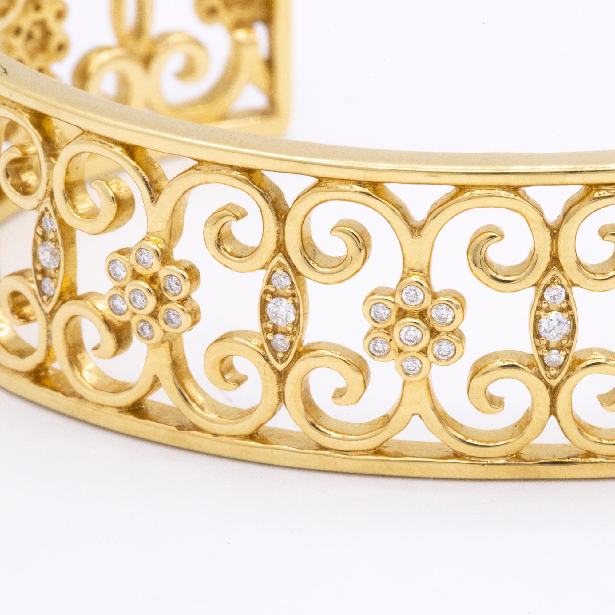 Round Cut 18 Karat Yellow Gold and Diamond Open Cuff Arabesque Bracelet-Retail $5995