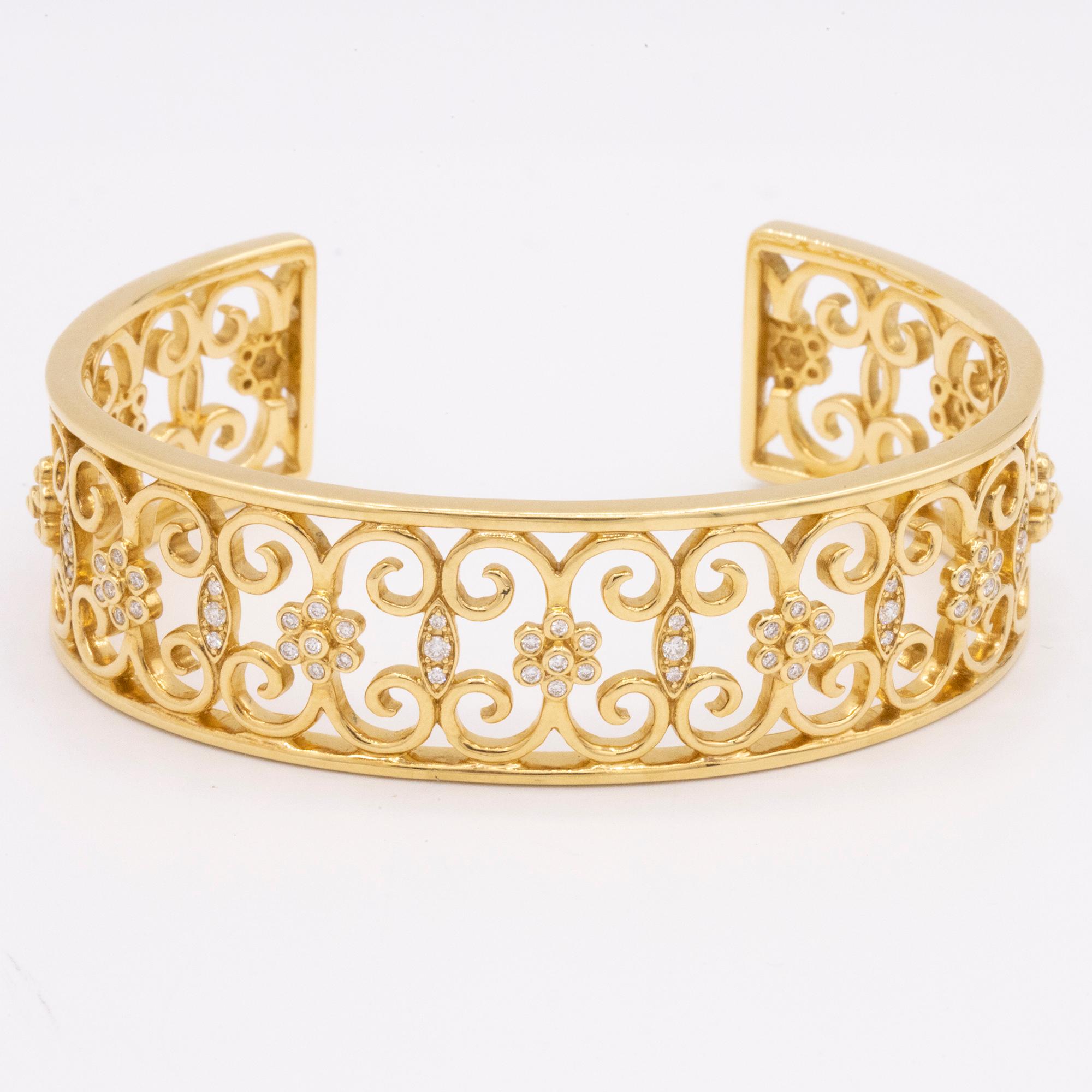 18 Karat Yellow Gold and Diamond Open Cuff Arabesque Bracelet-Retail $5995 In New Condition In Princeton, NJ