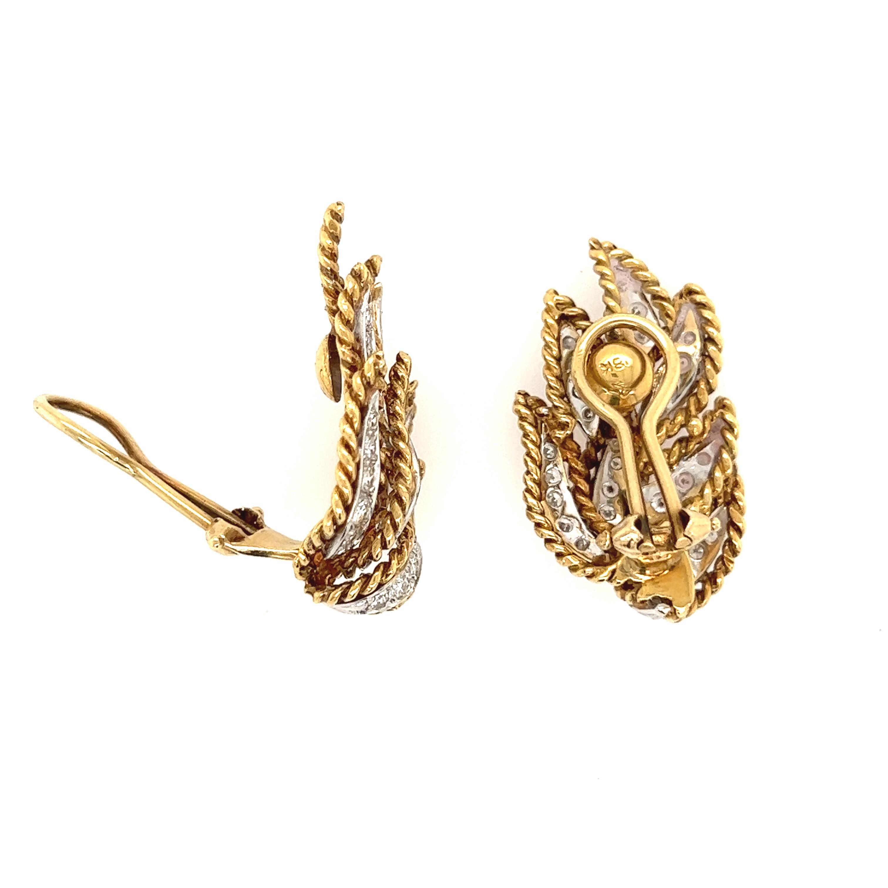 18K Yellow Gold and Diamond Retro Ear Clips In Excellent Condition In New Orleans, LA