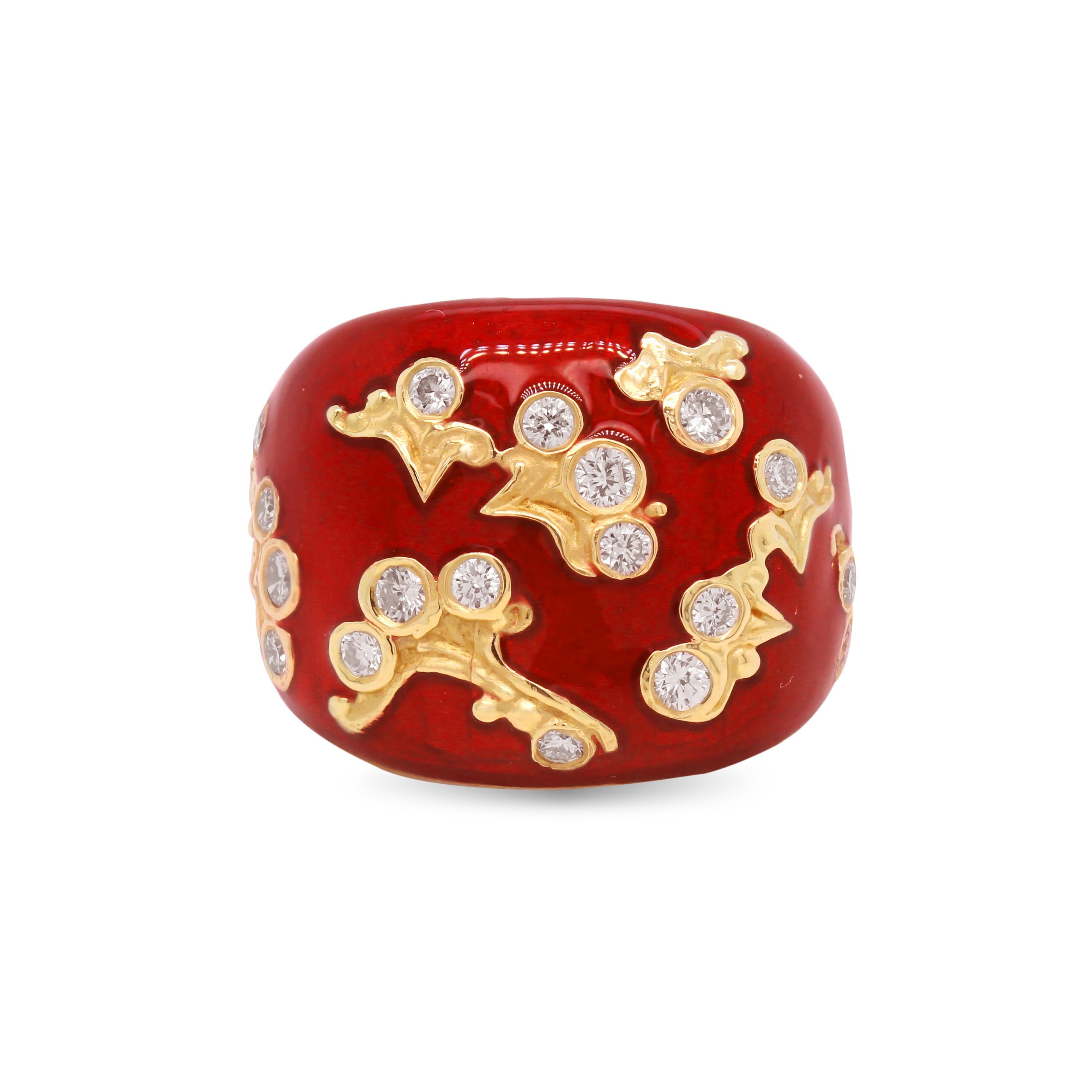 18K Yellow Gold and Diamond Ring with Flowers and Red Enamel by Stambolian

0.82 carat G color, VS clarity diamonds

Ring face is 0.80 in. x 0.3 inch band width

Size 7, sizable. 

Ring is signed STAMBOLIAN and has the Trademark 