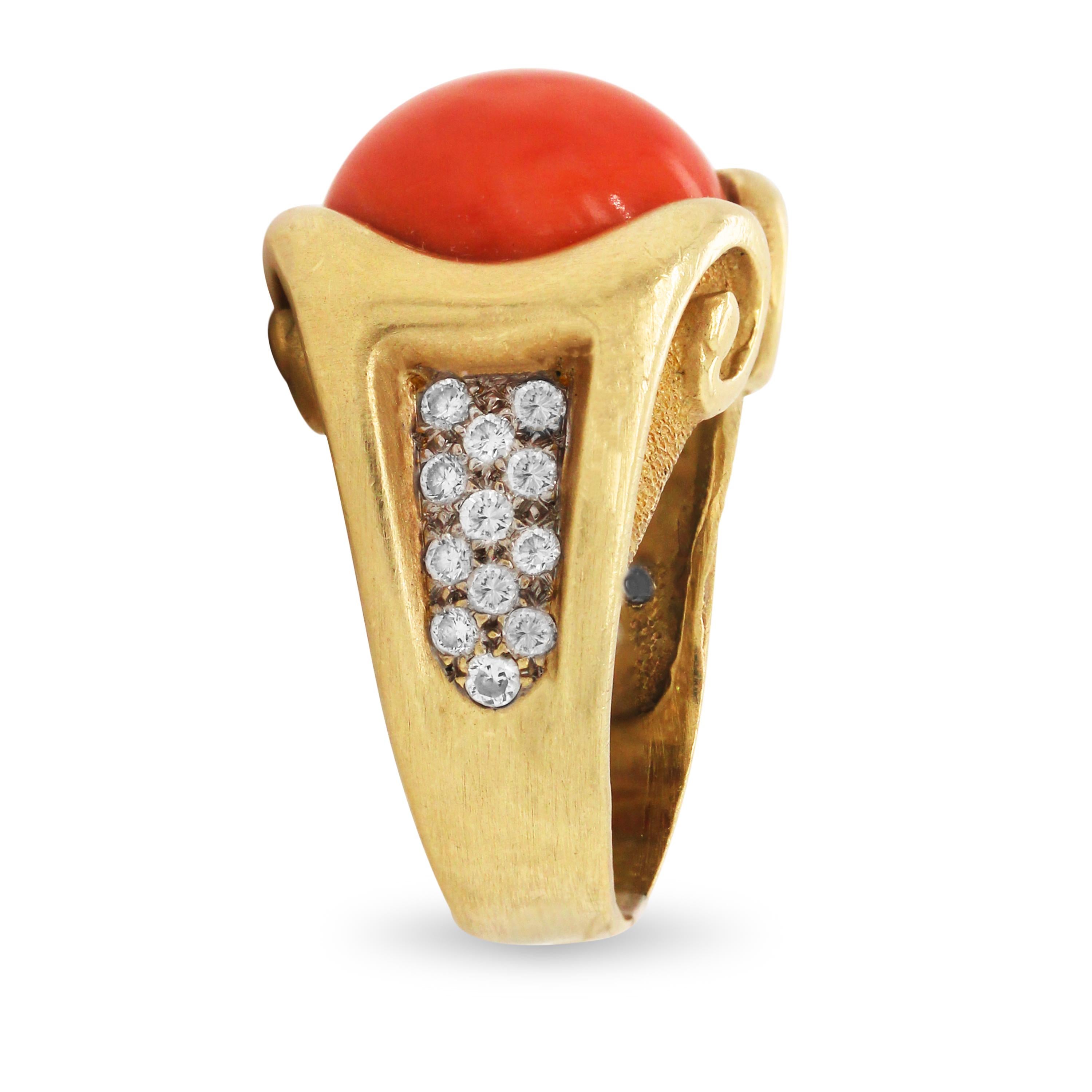 18K Yellow Gold and Diamond Round Sardinian Coral Center Cocktail Ring

Apprx. 0.80 carat diamonds total weight. 

10.00 carat apprx. Sardinian Coral center. Coral is round.

17.25mm face width. 5.75mm band width.

Size 8.75. Sizable by request.