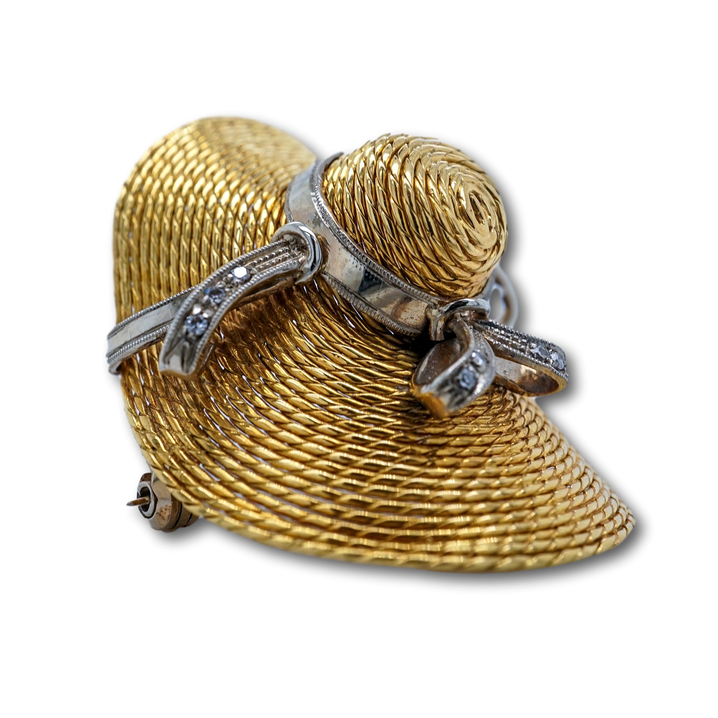 This 18K Yellow Gold and Diamond Straw Hat Brooch Measures 3.5 in length and weighs 12.7 grams 

SKU#L-00032
