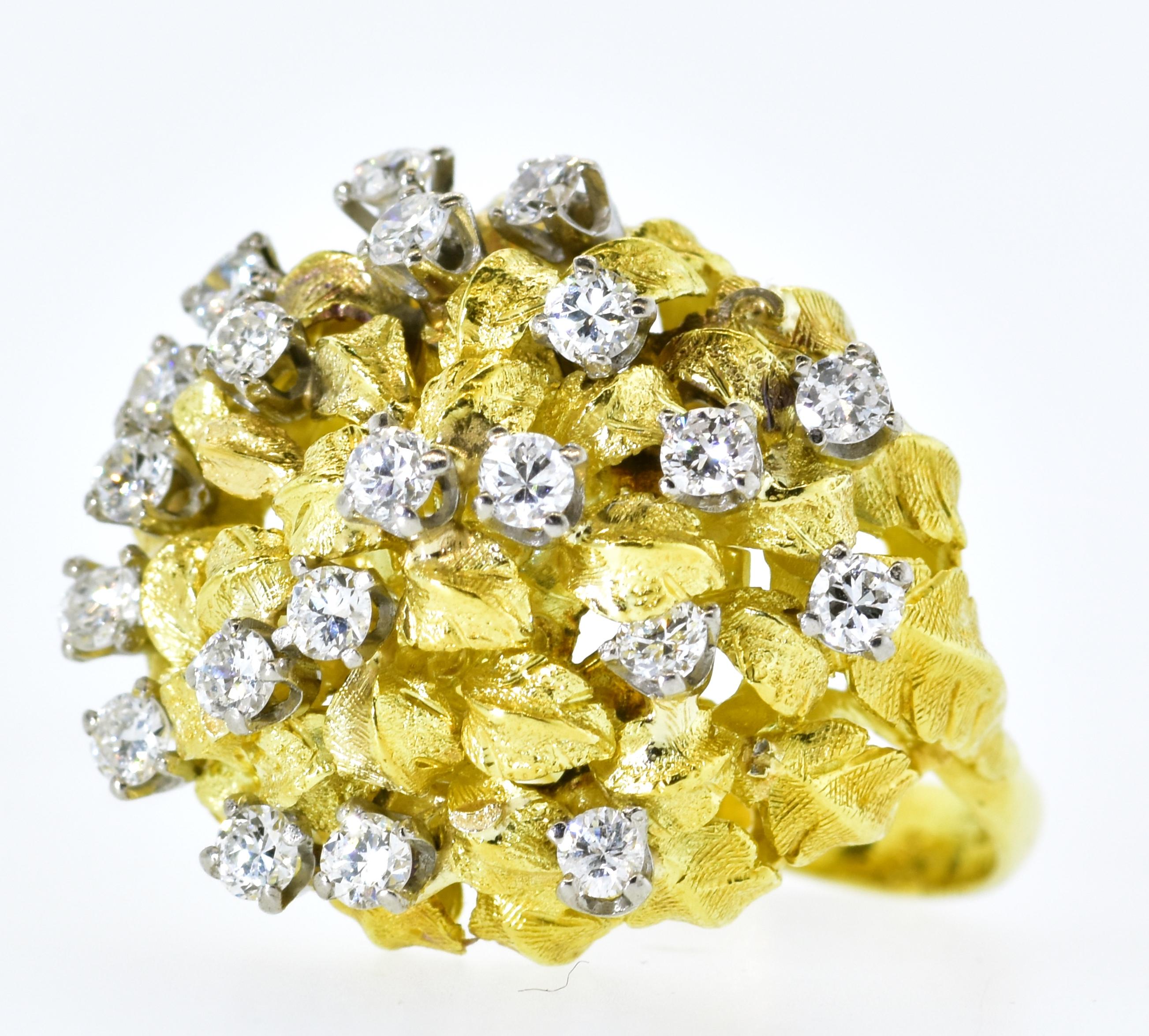 18K and diamond dome ring.  This ring, like the decade it represented, emulated abundance with more than 10 grams highly yellow gold and 21 modern round brilliant cut diamonds, set in white gold - all well cut and well matched and estimated to weigh