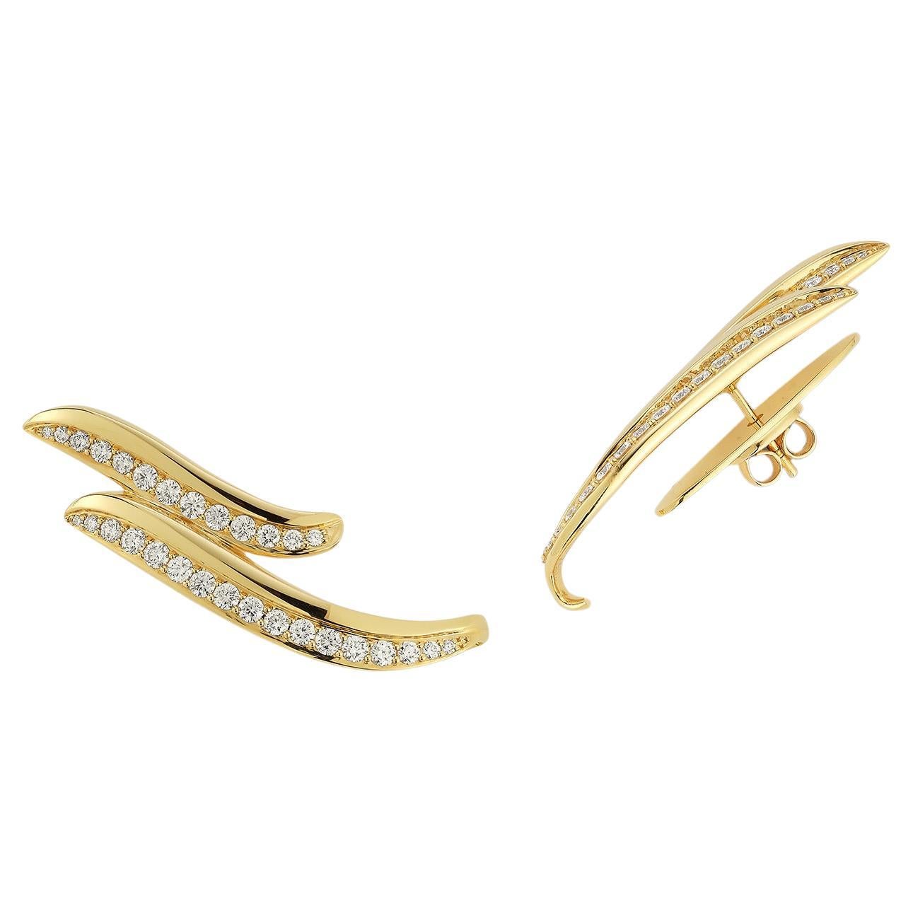 18k Yellow Gold and Diamond Wave Cross Earrings For Sale