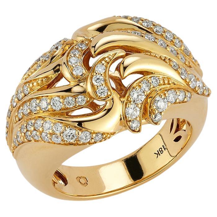 18k Yellow Gold and Diamond Wave Ring For Sale