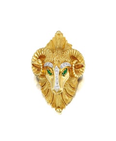 18K Yellow Gold and Emerald Ram’s Head Brooch