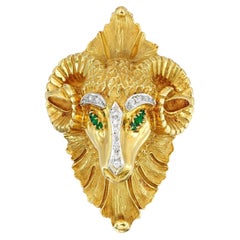 18K Yellow Gold and Emerald Ram’s Head Brooch