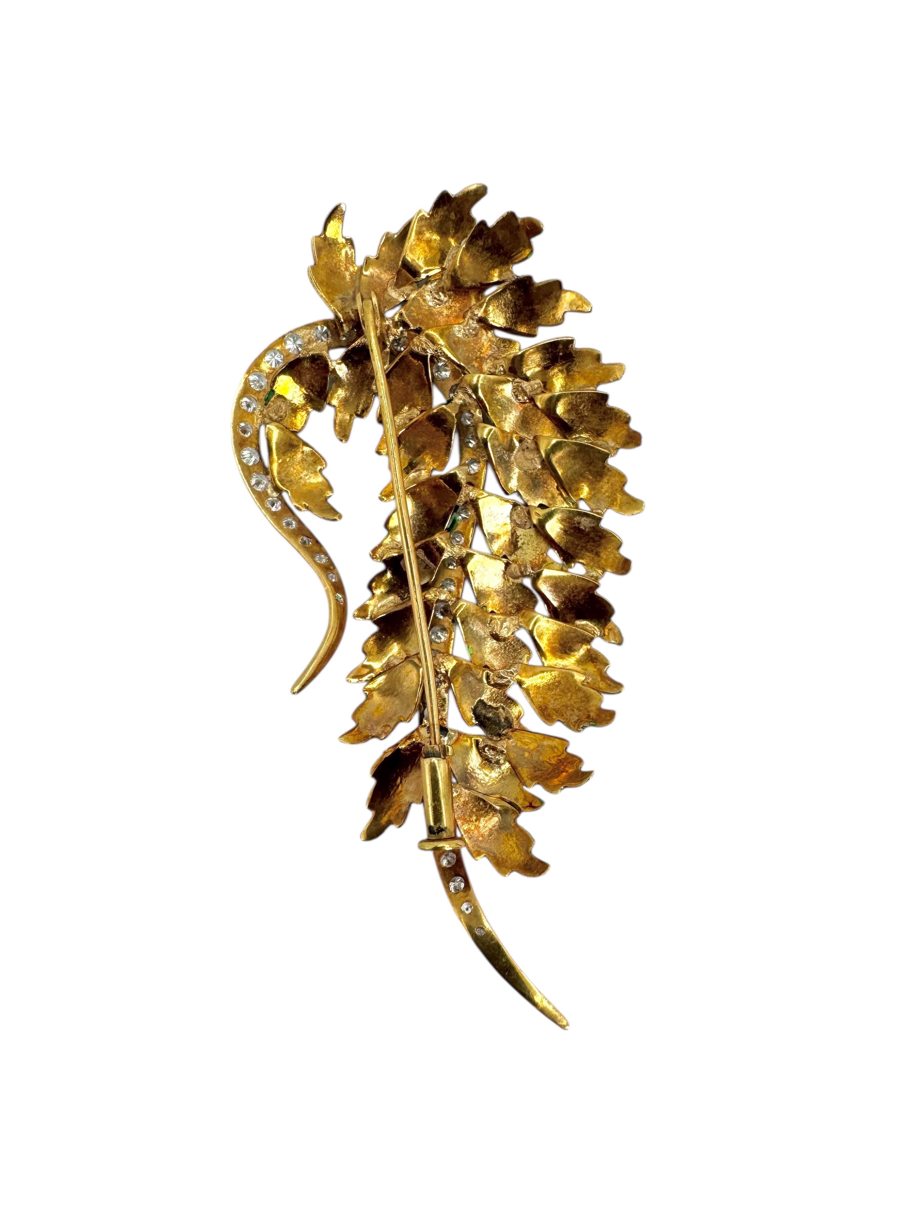 Women's or Men's 18K Yellow Gold and Enamel and Diamond Leaf Brooch For Sale
