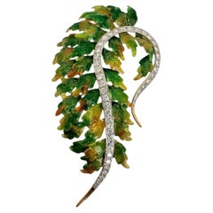 Broche Hoja Oro Amarillo 18K y Esmalte y Diamantes