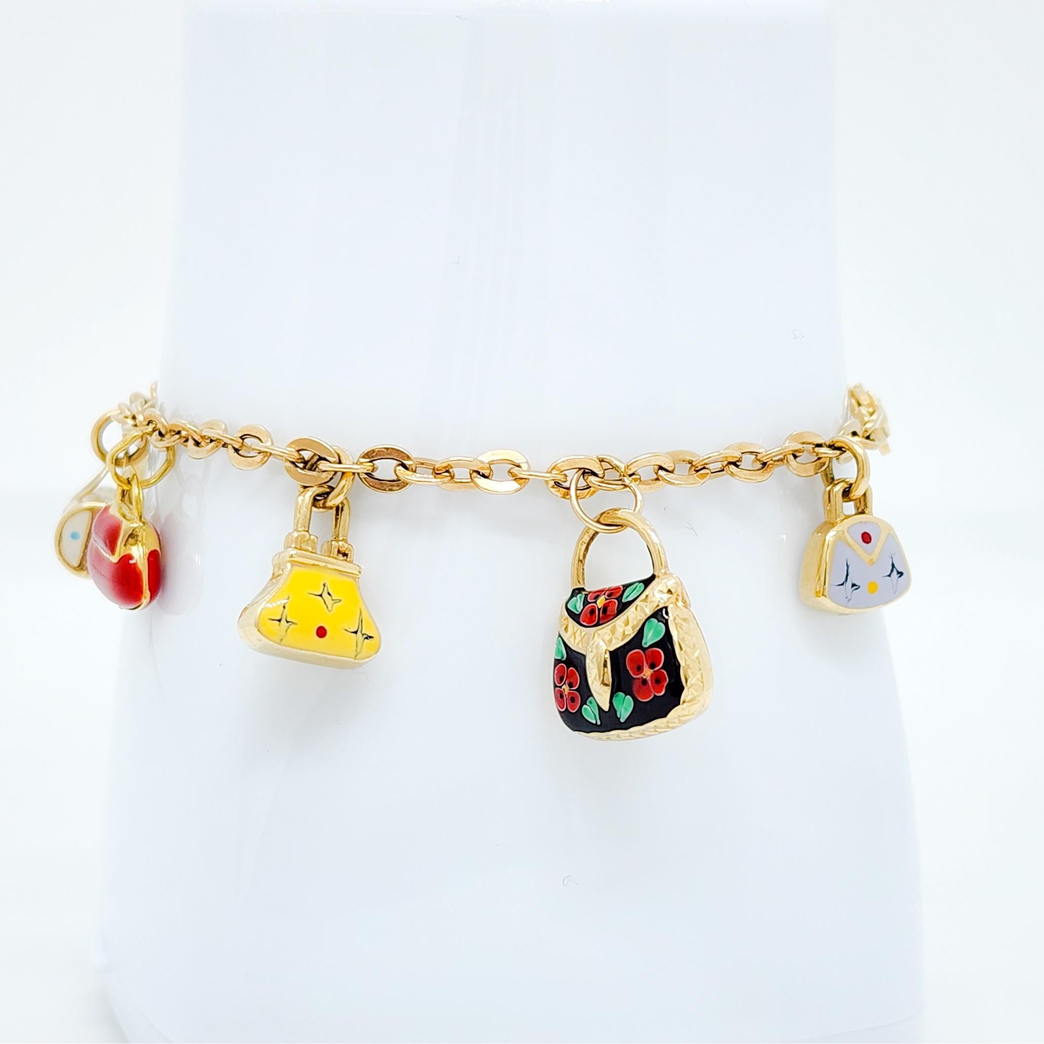 18 Karat Gelbgold und Emaille Handtasche Charm-Armband 2