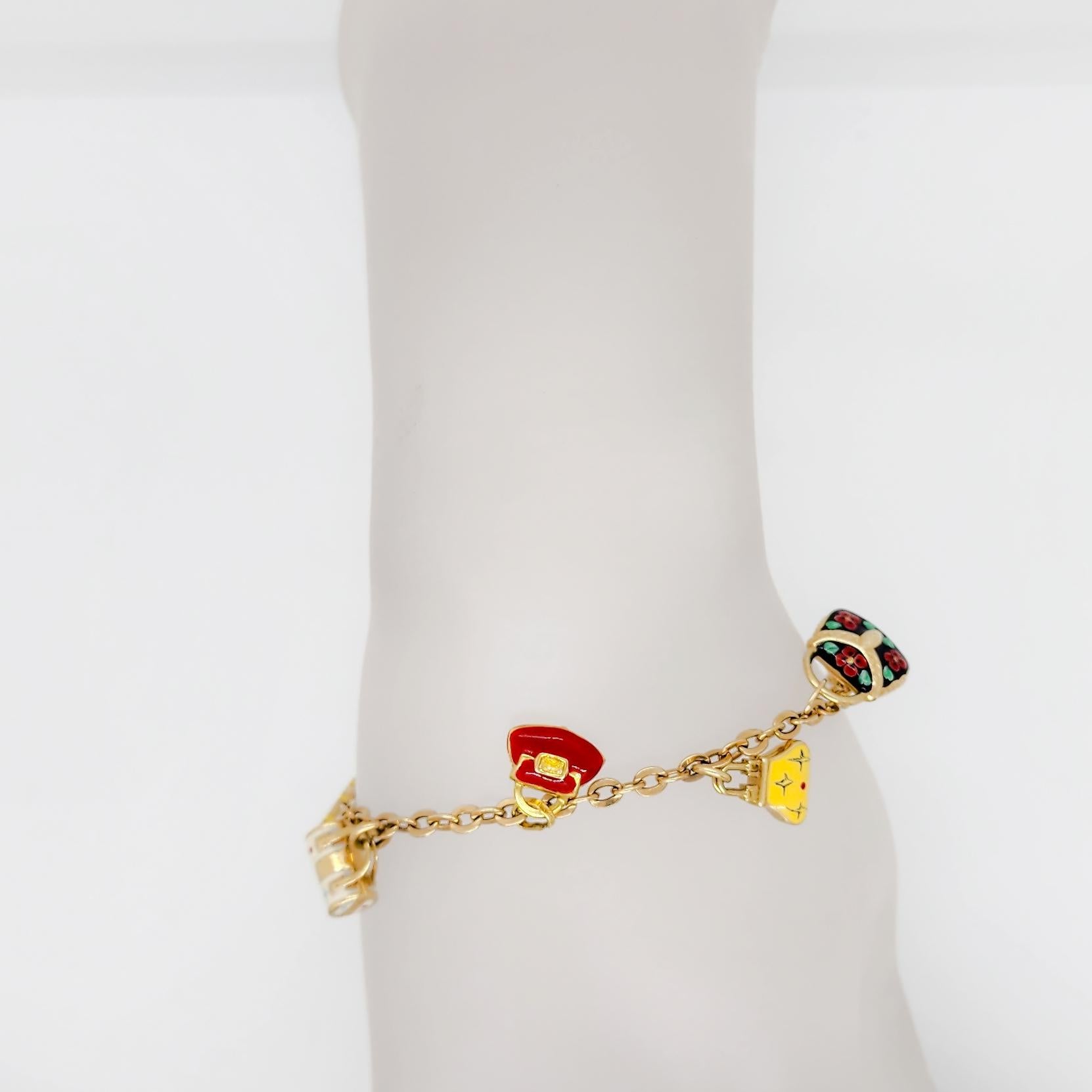 18 Karat Gelbgold und Emaille Handtasche Charm-Armband 5