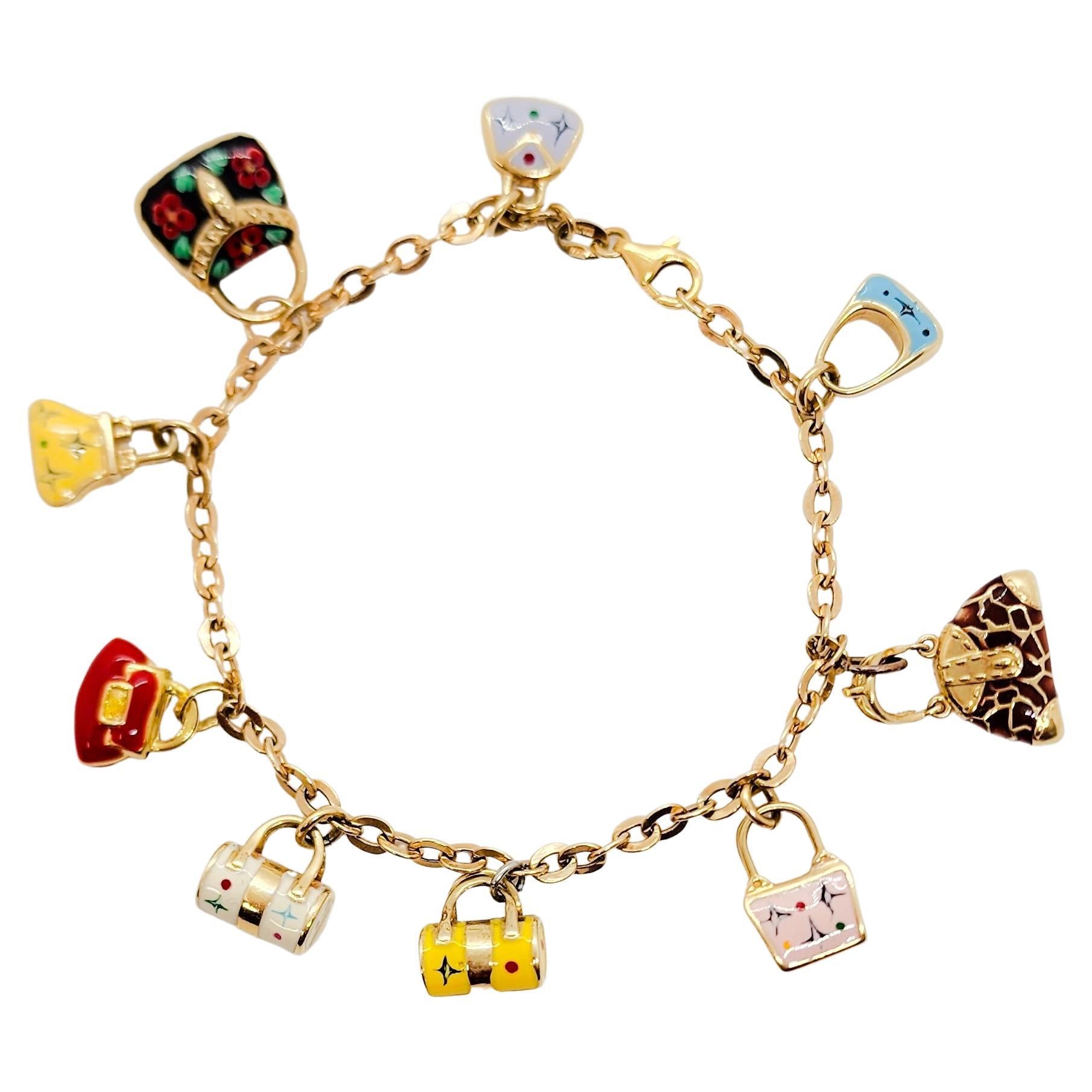 18 Karat Gelbgold und Emaille Handtasche Charm-Armband