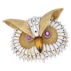 18K Yellow Gold and Enamel Owl Brooch with Rubies