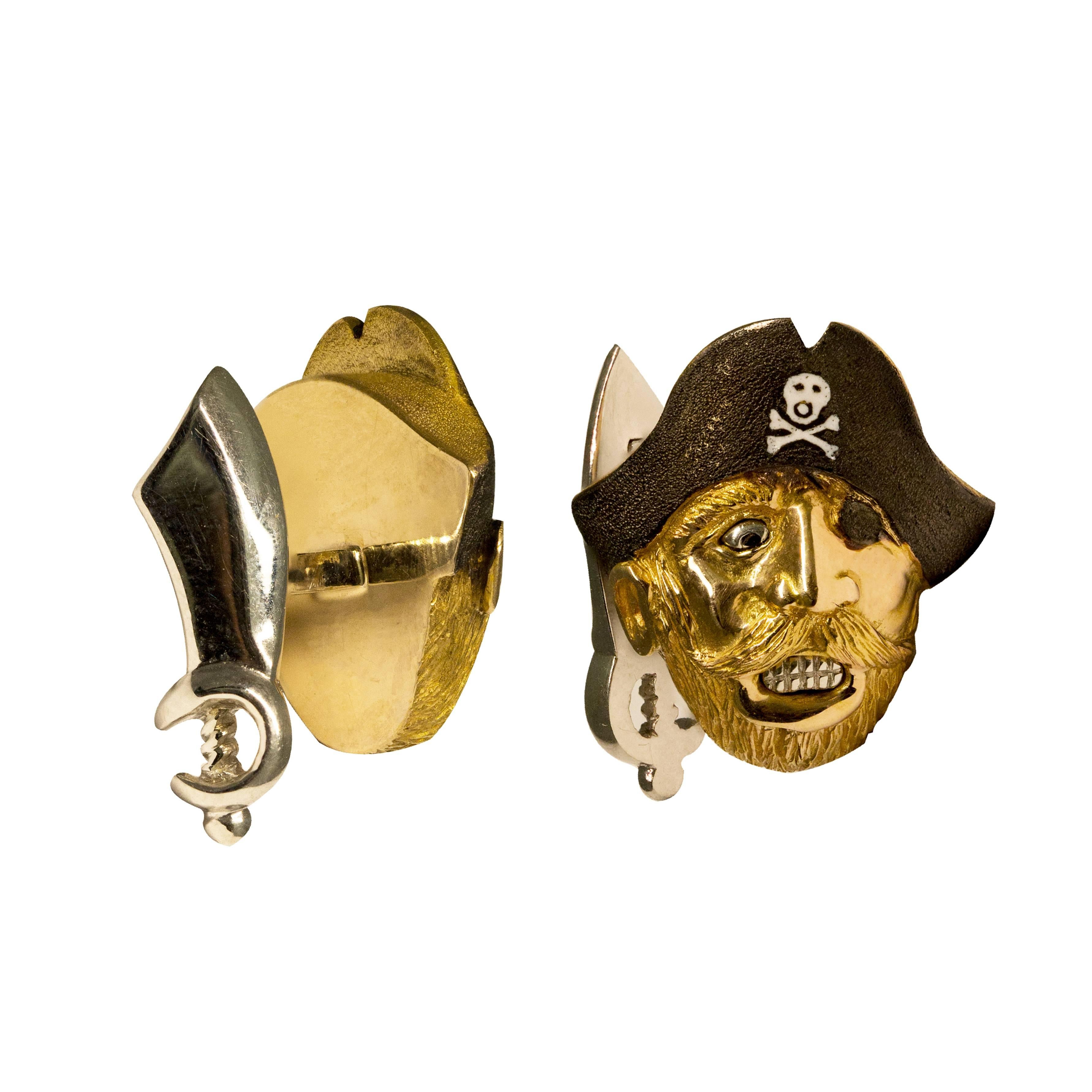 18 Karat Yellow Gold and Enamel Pirate Cufflinks