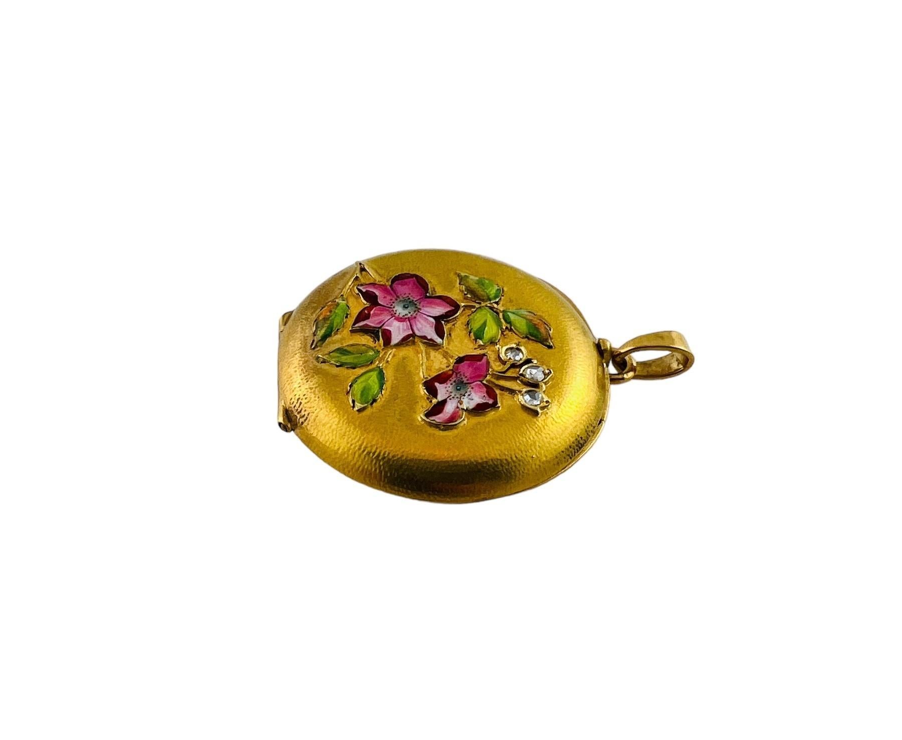 Women's 18K Yellow Gold and Enamel Round Locket with Floral Design #16549 For Sale