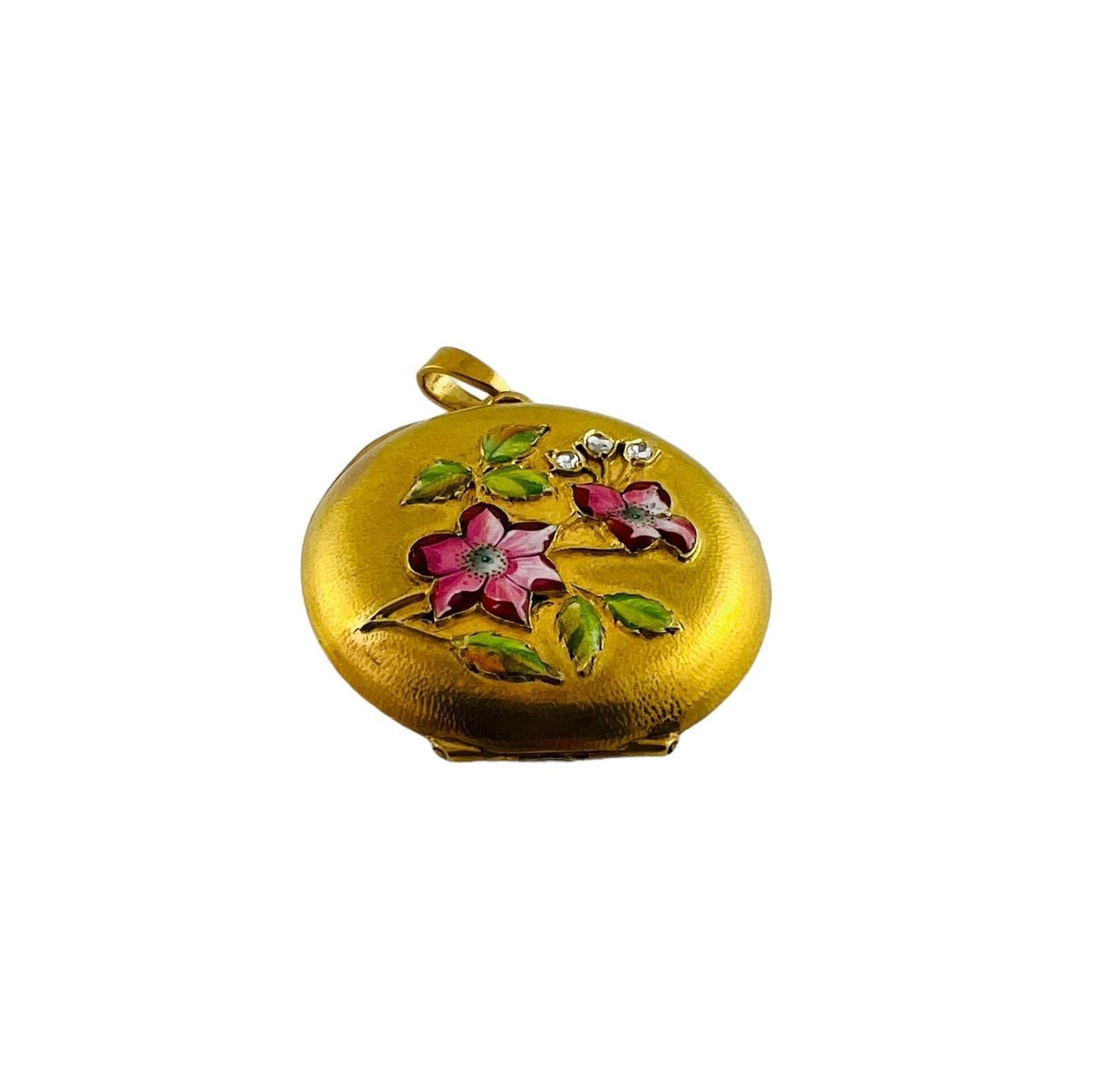 18K Yellow Gold and Enamel Round Locket with Floral Design #16549 For Sale 1