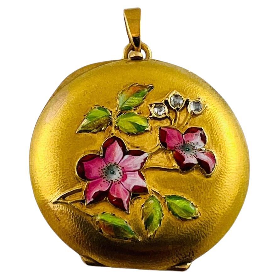 18K Yellow Gold and Enamel Round Locket with Floral Design #16549 For Sale