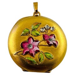 Antique 18K Yellow Gold and Enamel Round Locket with Floral Design #16549