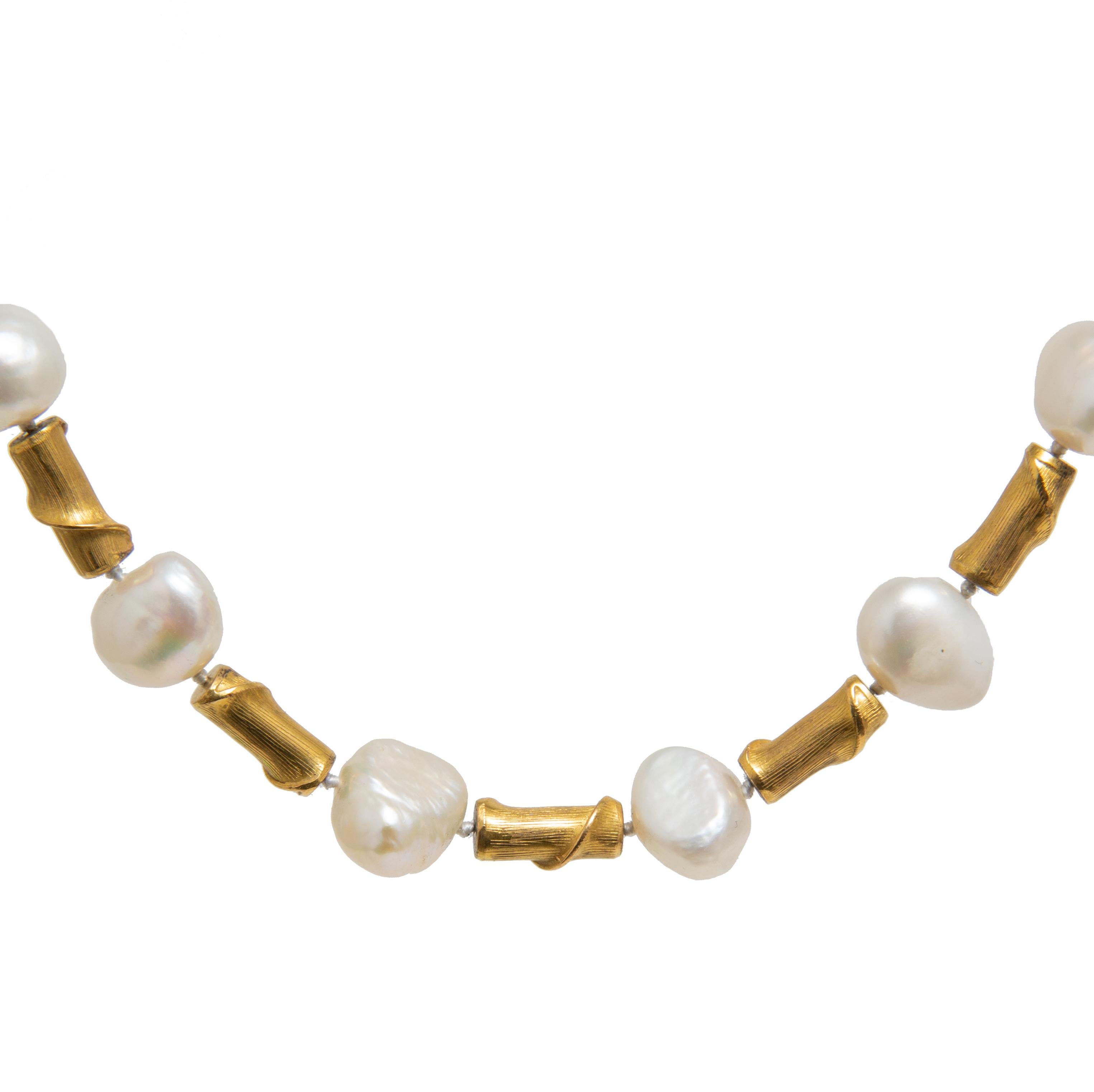 Offered is an 18K Yellow Gold Branch-Form Motif Tubular Beads and Freshwater Pearls Necklace. Hallmarked 