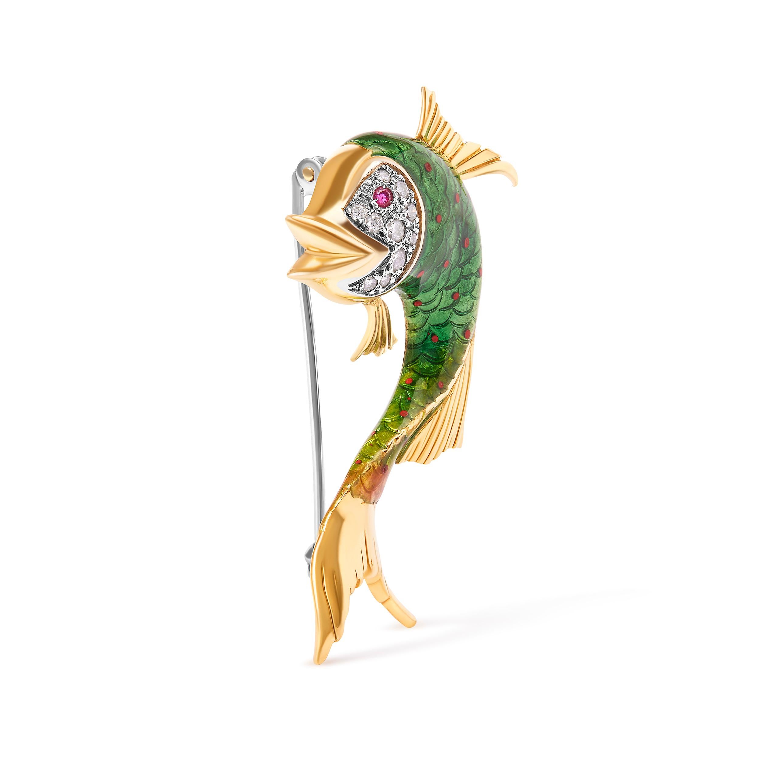 Introducing a mesmerizing masterpiece that will captivate all eyes! Crafted with utmost precision, this 18K Yellow Gold and Green Enamel Fish Brooch Pin showcases exquisite artistry and impeccable attention to detail. Adorned with 10 dazzling round