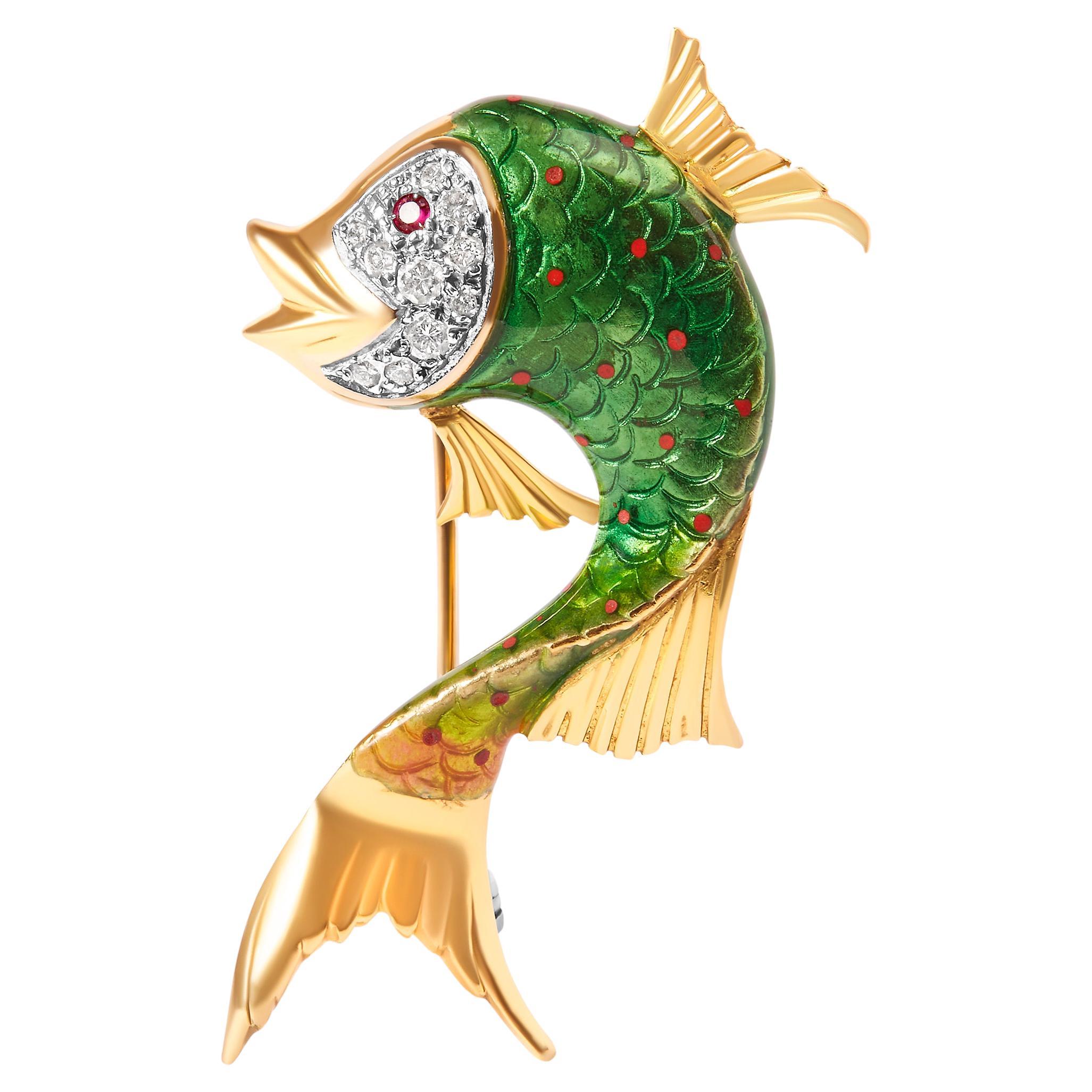 Fischbrosche/Anstecknadel aus 18 Karat Gelbgold und grüner Emaille mit Diamant und rosa Saphir