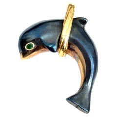 18k Yellow Gold and Hematite Dolphin Pendant By Cartier