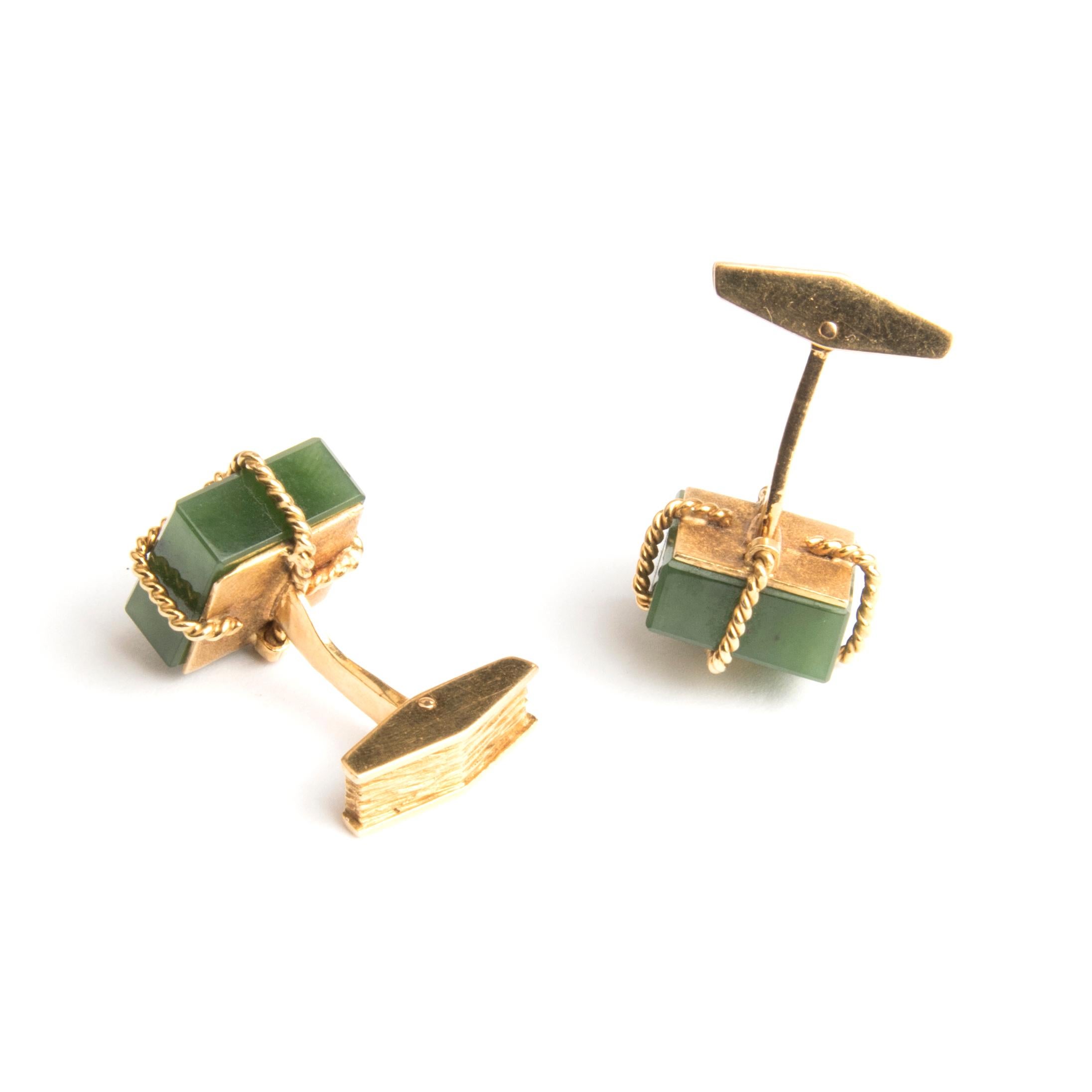 Women's or Men's 18 Karat Yellow Gold and Jade Package Cufflinks by Alan Gard For Sale