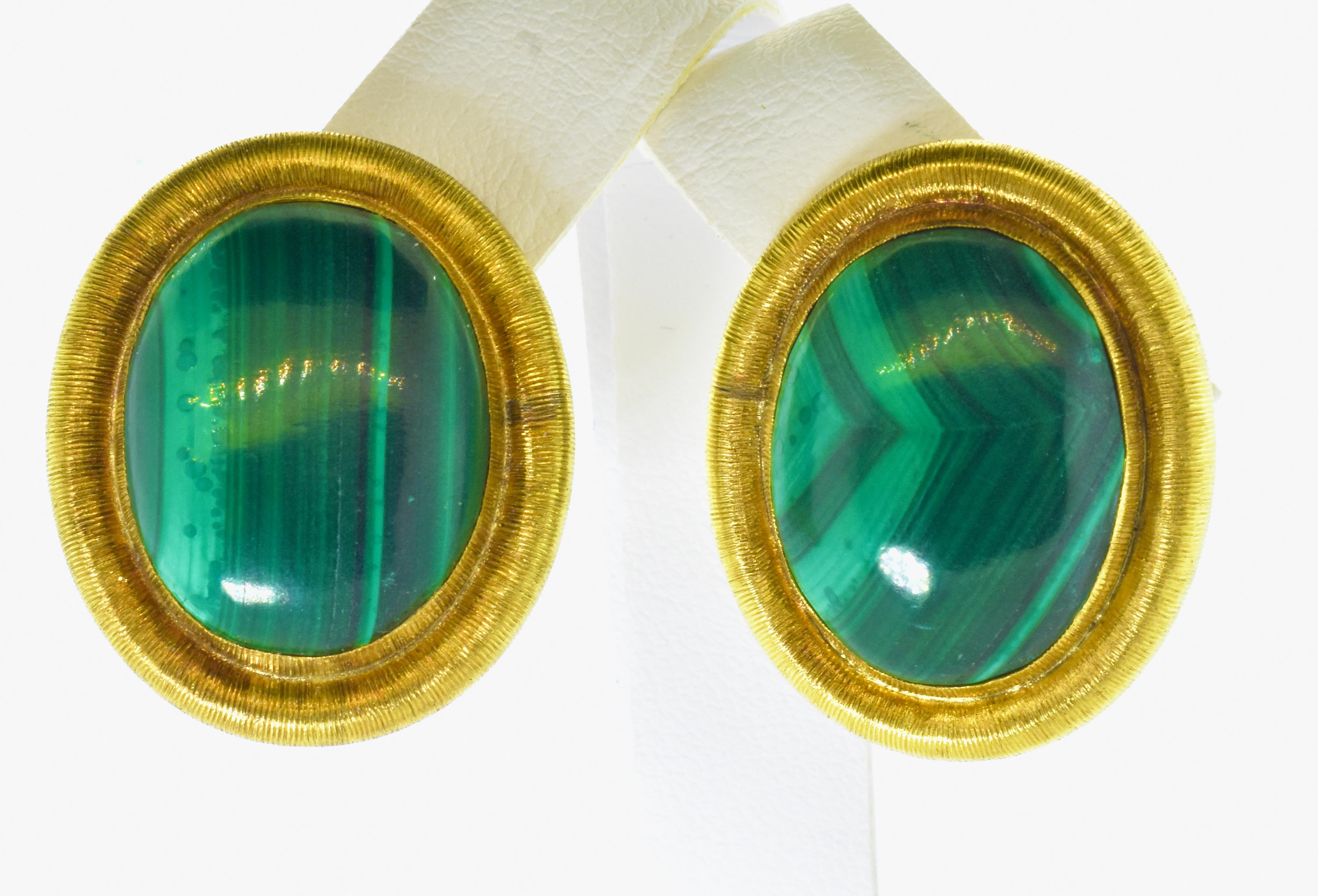 18K Yellow Gold and Malachite Earrings, c 1970 In Excellent Condition In Aspen, CO