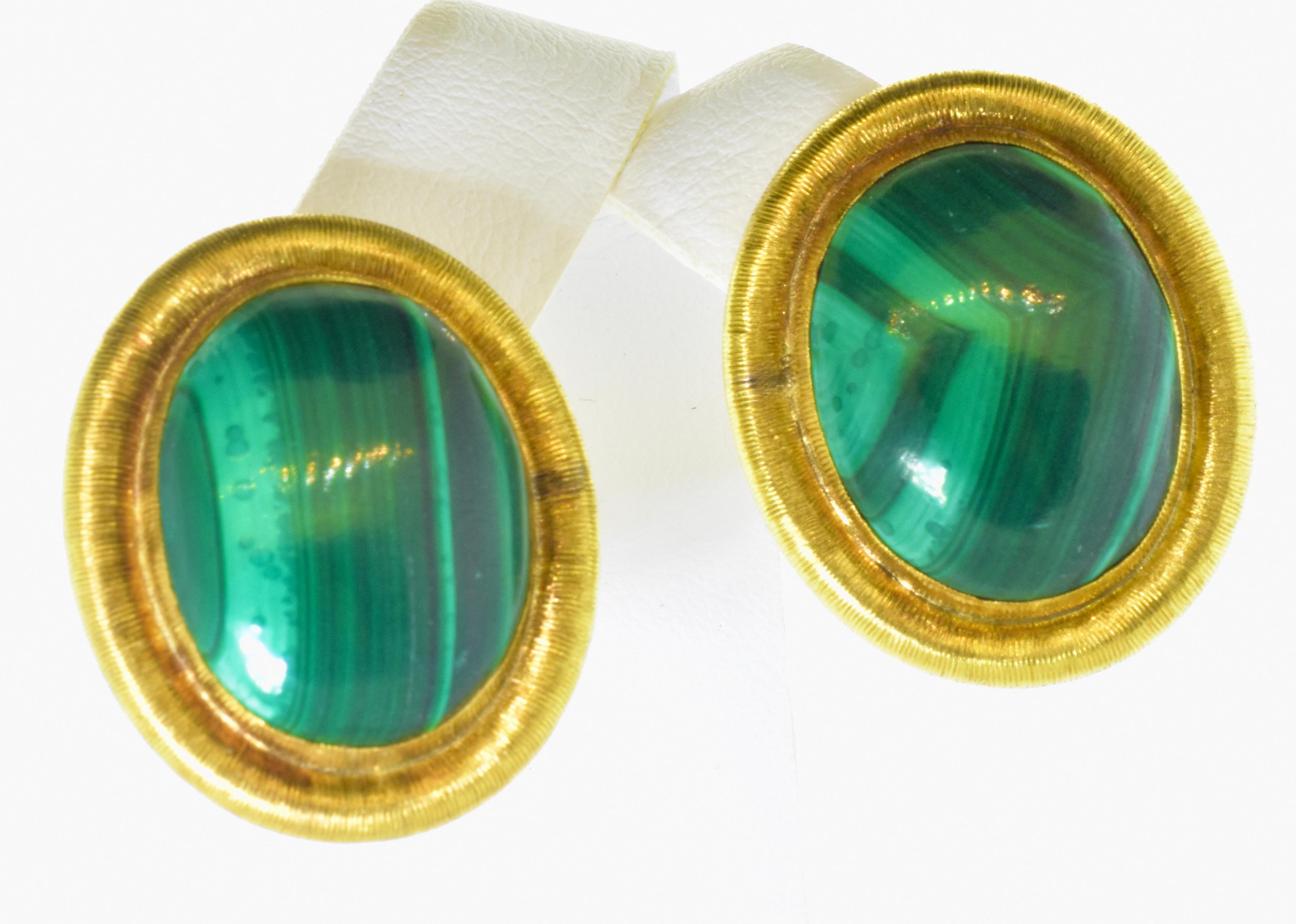 Women's or Men's 18K Yellow Gold and Malachite Earrings, c 1970