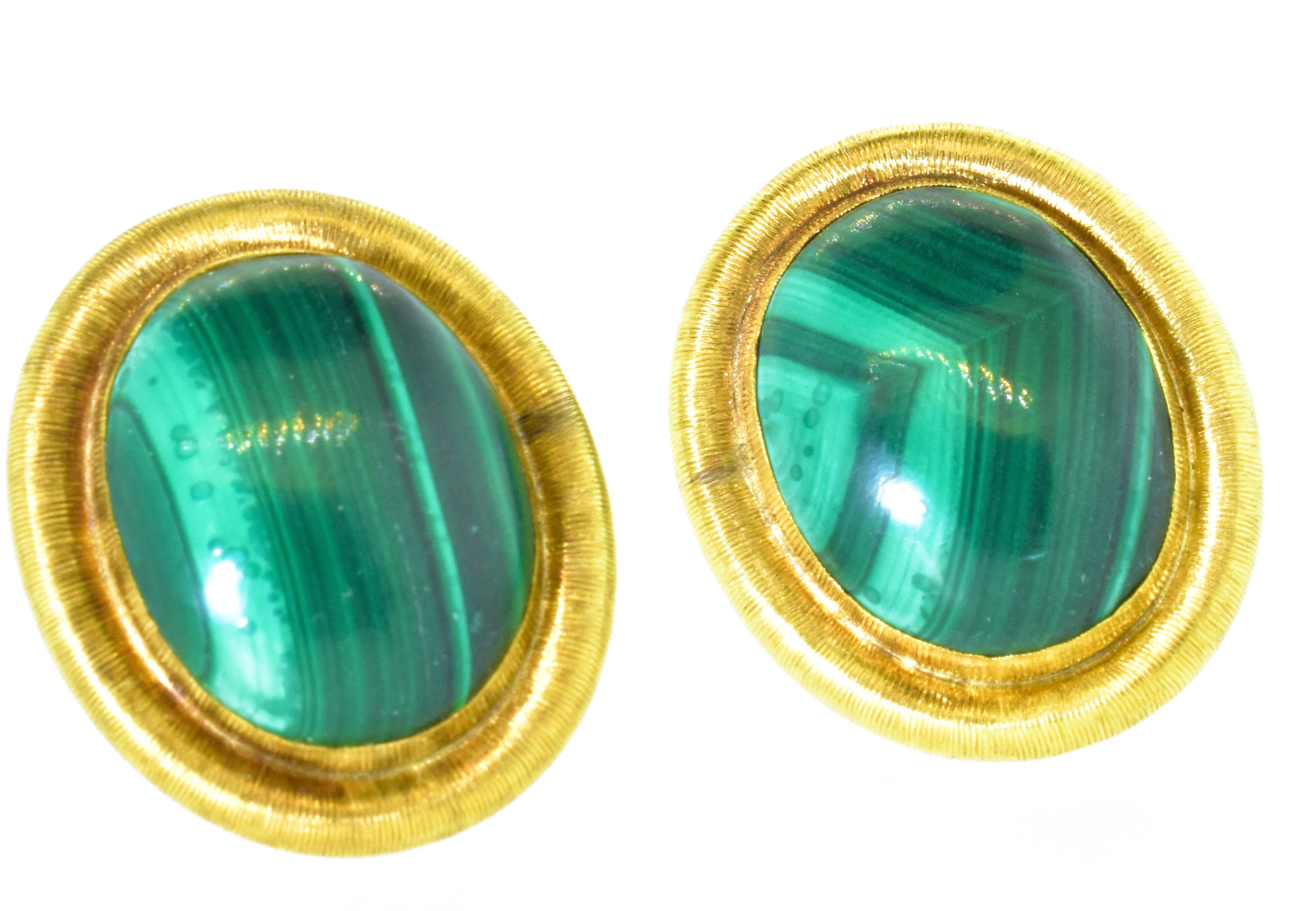 18K Yellow Gold and Malachite Earrings, c 1970 2