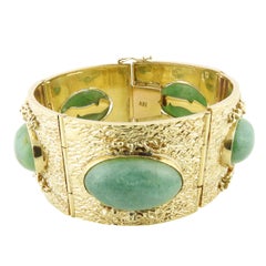 18k Yellow Gold and Oval Jade Wide Panel Bracelet