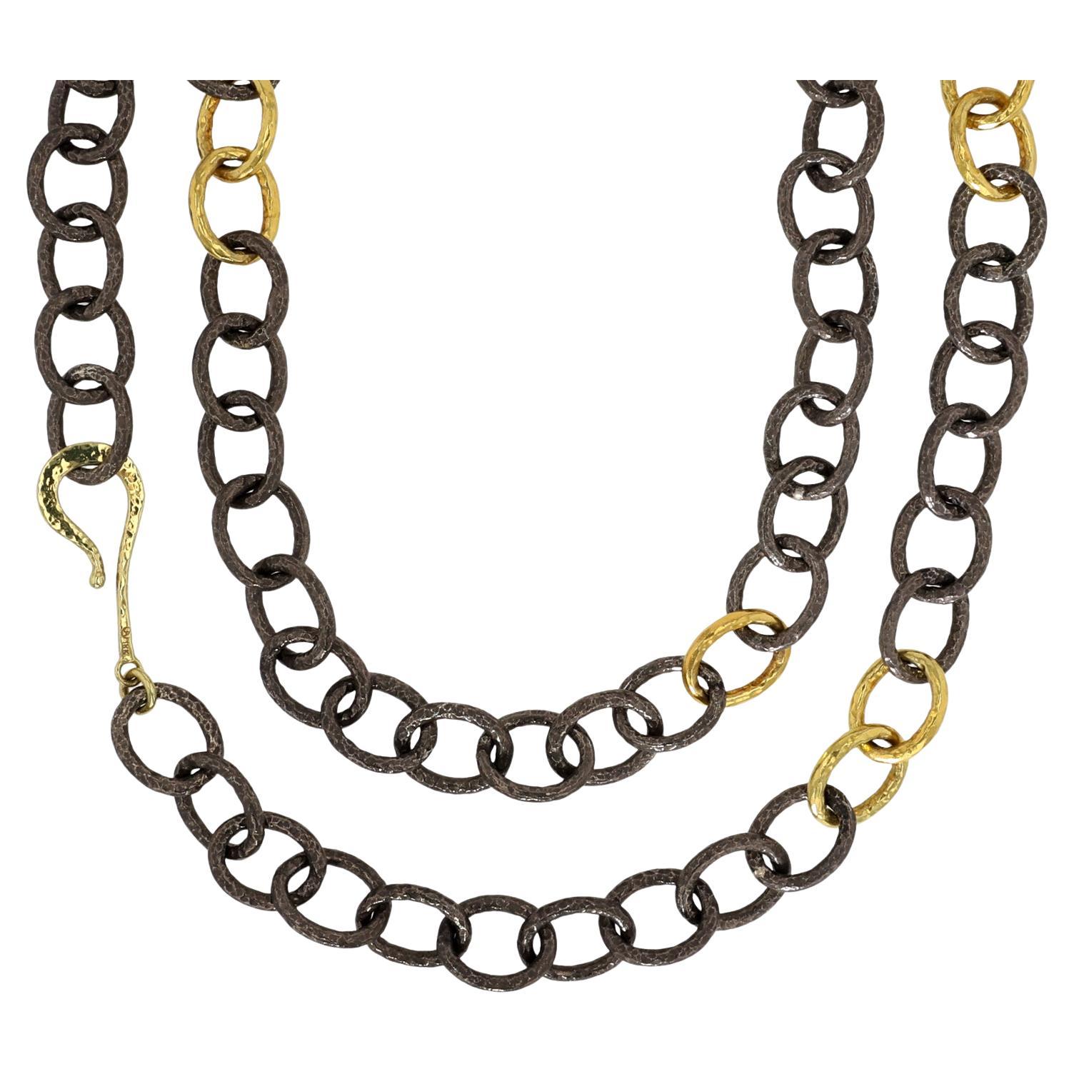 18K Yellow Gold and Oxidized Silver Link Chain by Jorge Adeler For Sale