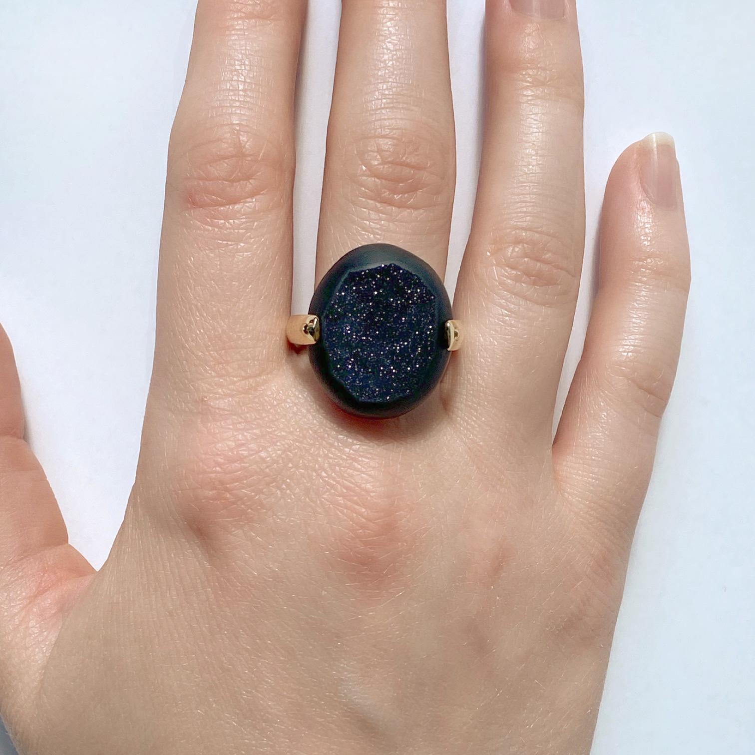 Contemporary 18 Karat Yellow Gold and Oxidized Sterling Silver Black Druzy Ring