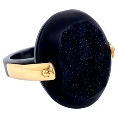 18 Karat Yellow Gold and Oxidized Sterling Silver Black Druzy Ring