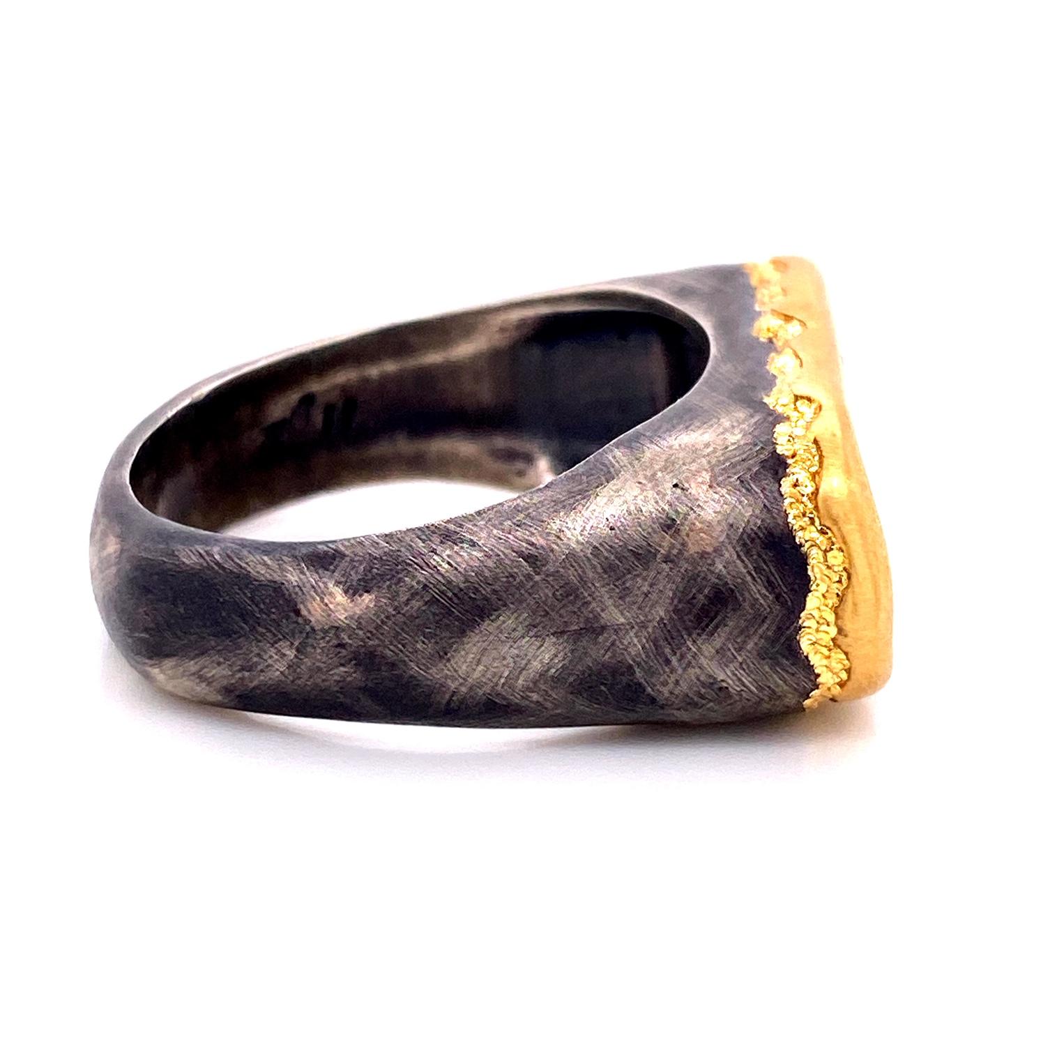 Contemporary 18 Karat Yellow Gold and Oxidized Sterling Silver Men's Boulder Opal Ring