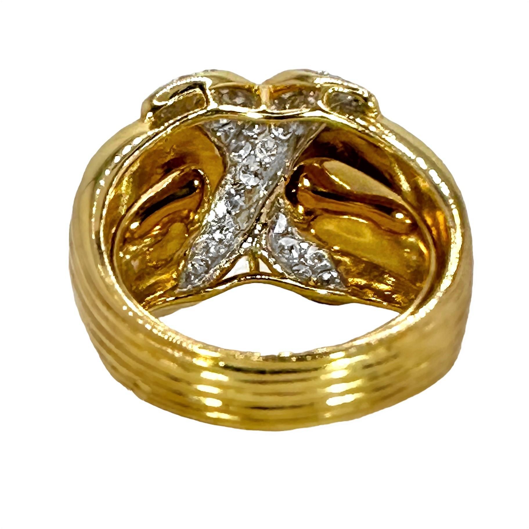 Modern 18k Yellow Gold and Pave Diamond X Style Ring For Sale